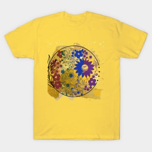 Multicoloured Floral motif mandala design illustration with gold paint splatter and confetti T-Shirt